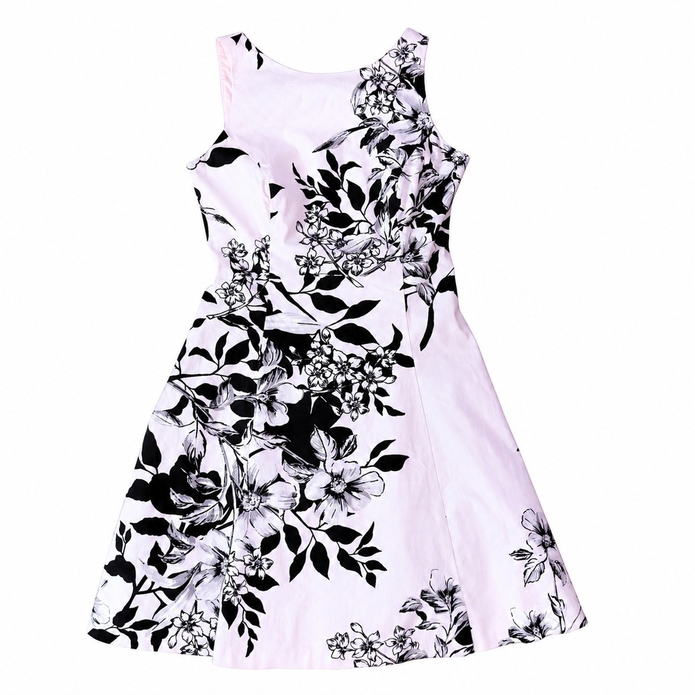 Lauren Ralph Lauren Pink Black Floral Cotton Fit & Flare A-Line Dress Size 8